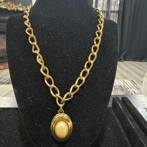 Vintage Napier Gold Necklace with Faux Pearl Pendant 18”